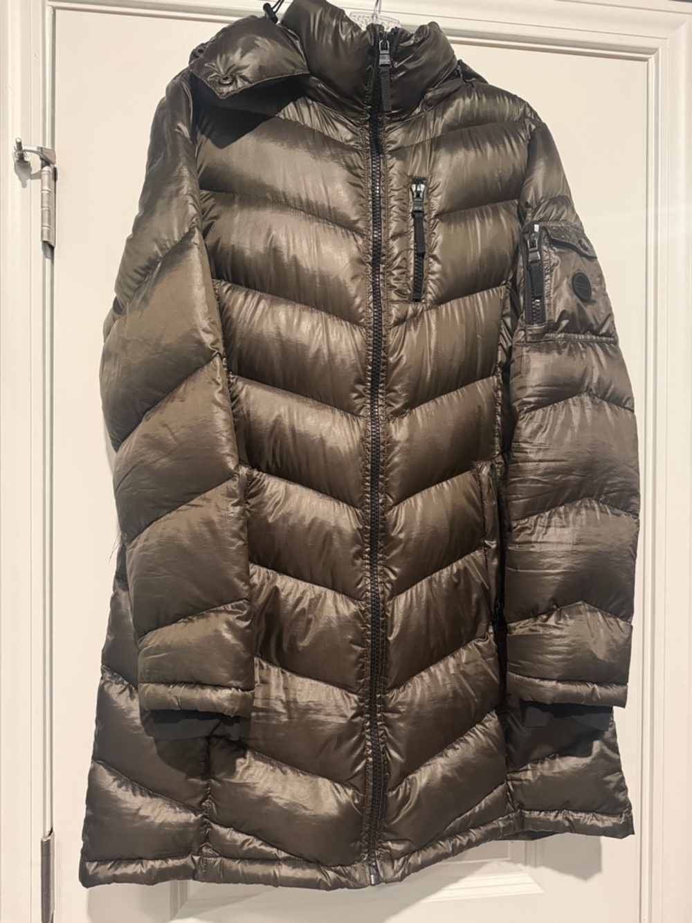 Andrew Marc Metallic Taupe Long Hooded Puffer Coat